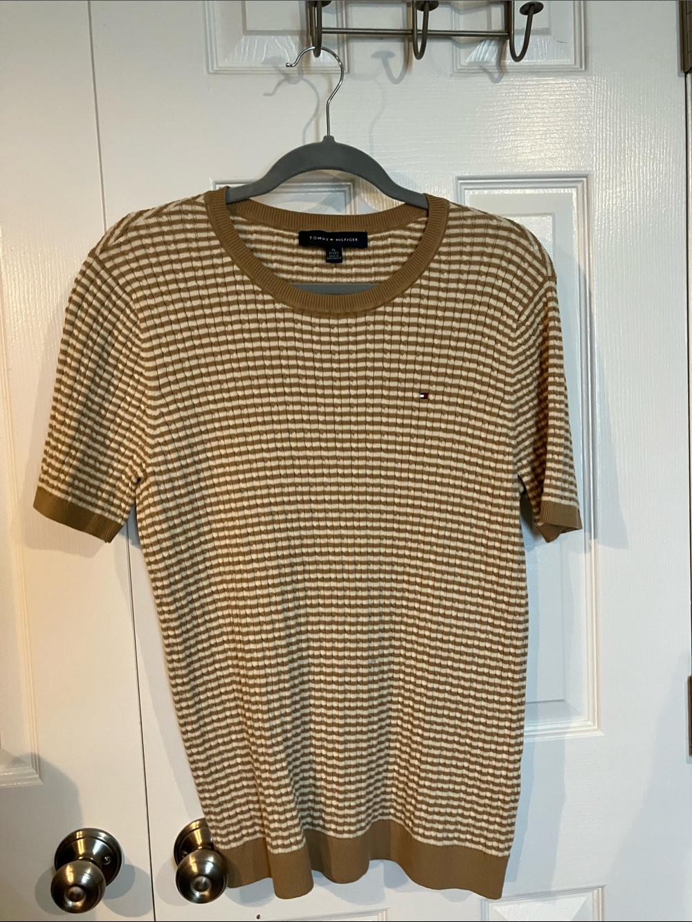 Tommy Hilfiger Short-Sleeve Ribbed Knit Crew in Brown and White Stripe